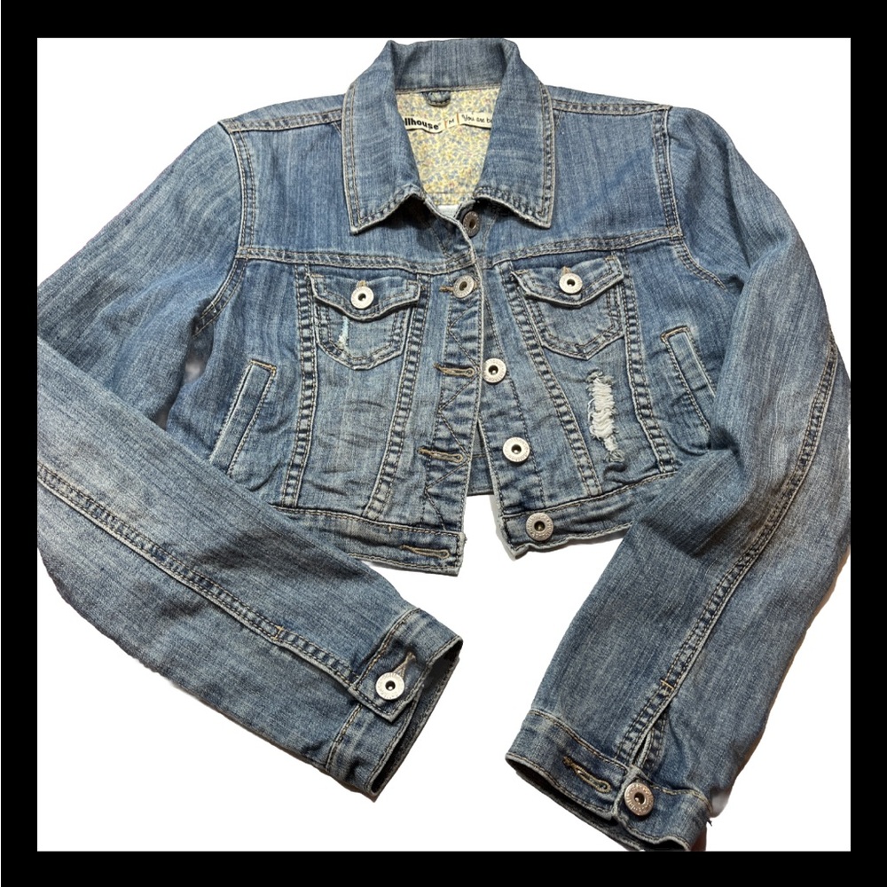 Dollhouse Cropped Distressed BLUE Denim Micro JEAN Jacket y2k 90s Button Up Med